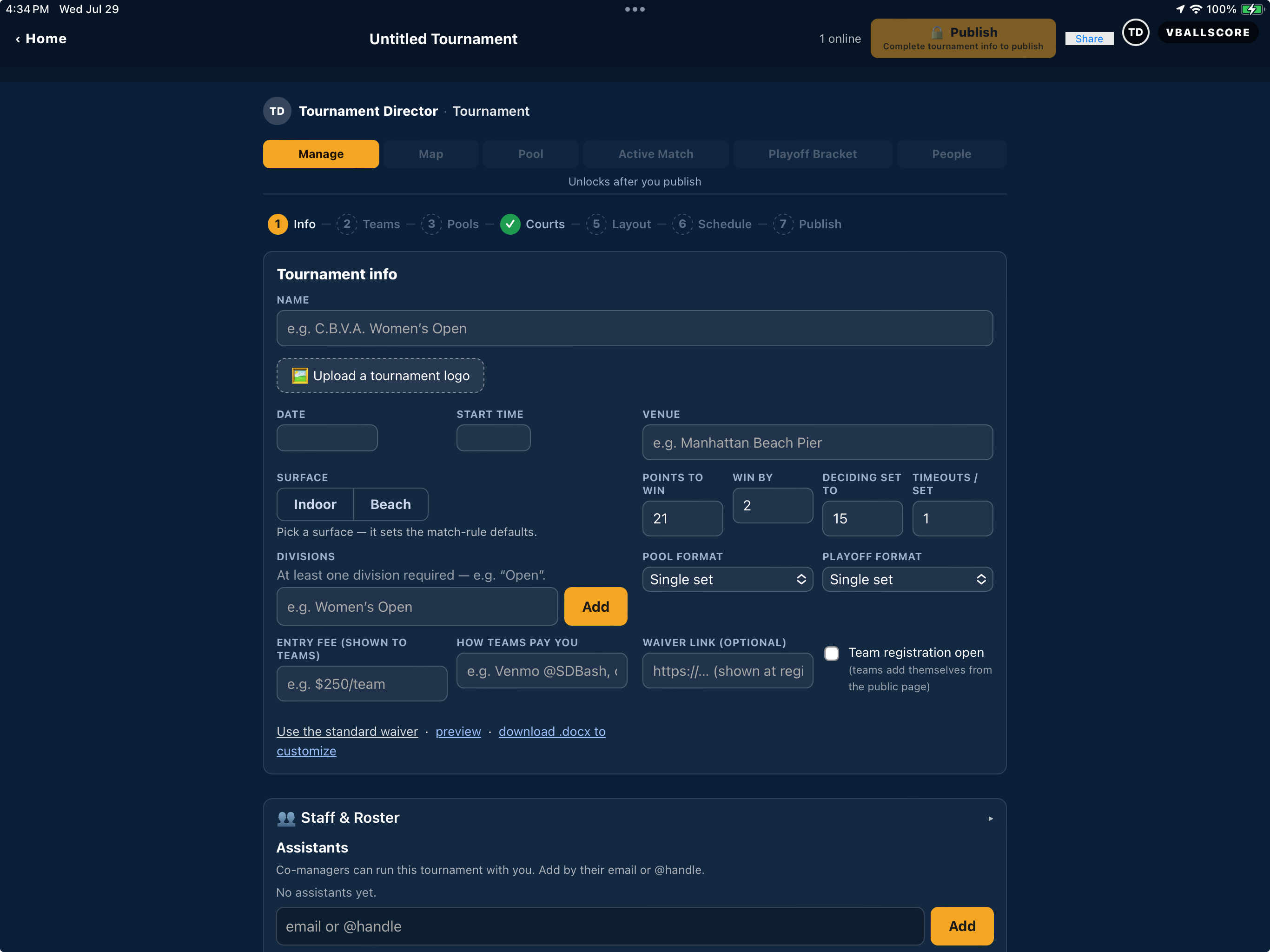 A brand-new tournament open on the Manage tab, Info step