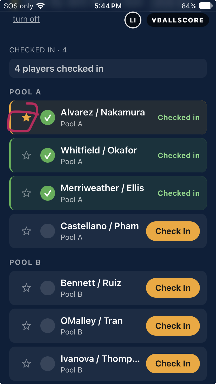 The check-in list showing teams by pool with Check In buttons